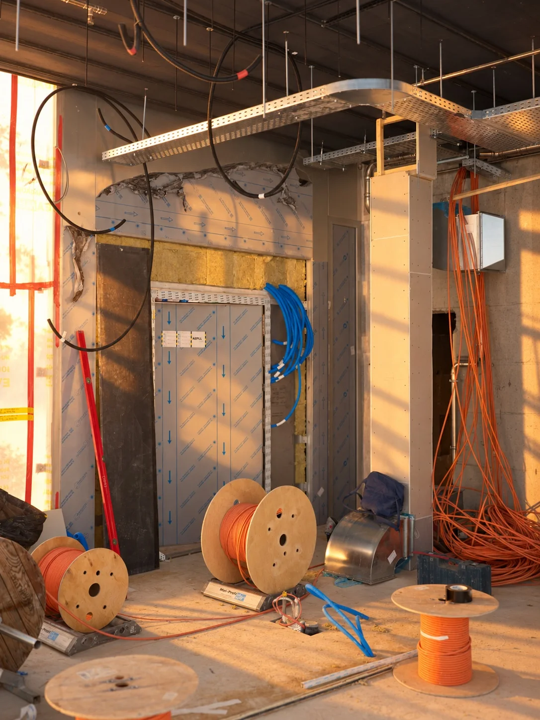 Chantier électrique en cours avec chemins de câbles, gaines et tourets